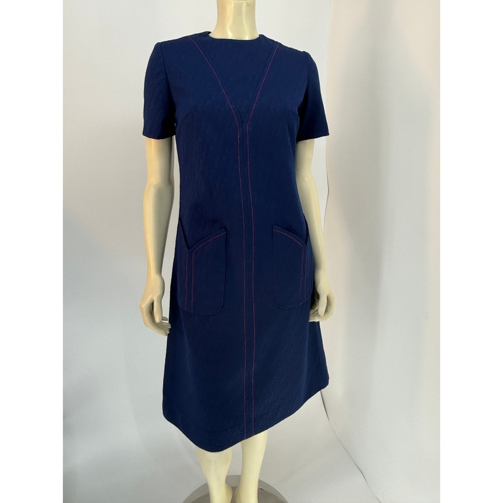 Vintage 60's Navy Blue Shift Dress Short Sleeve Red Contrast Stitching Pockets